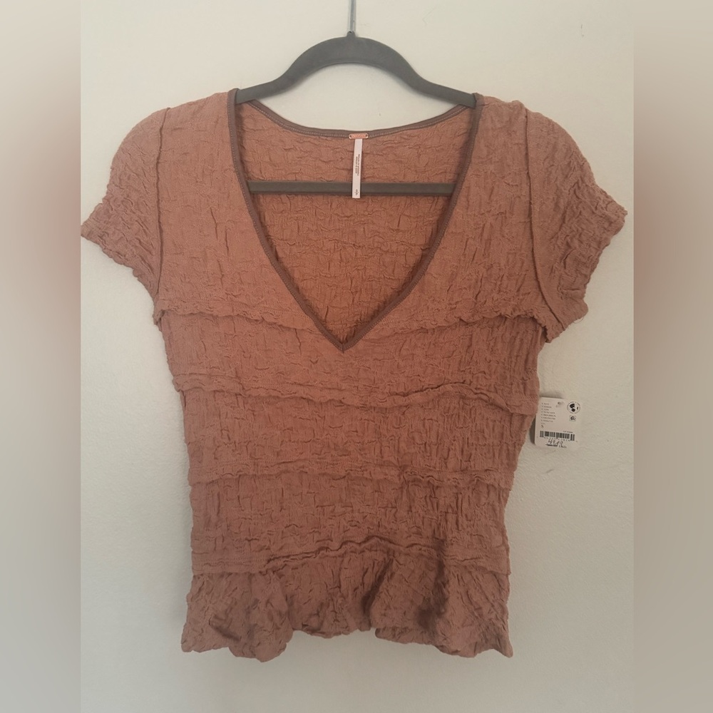 NWT Free People Ribbed Lace Krystal Tuscany Brown Ruffle T Shirt Tee Top Small - Picture 1 of 6